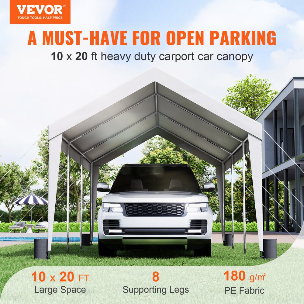 Carport, 10x20 ft Heavy Duty Car Canopy Garage Boat Shelter Party Tent with 8 Reinforced Poles and 4 Weight Bags, UV Resistant Waterproof All-Season Tarp for SUV, F150, Car, Truck, Boat