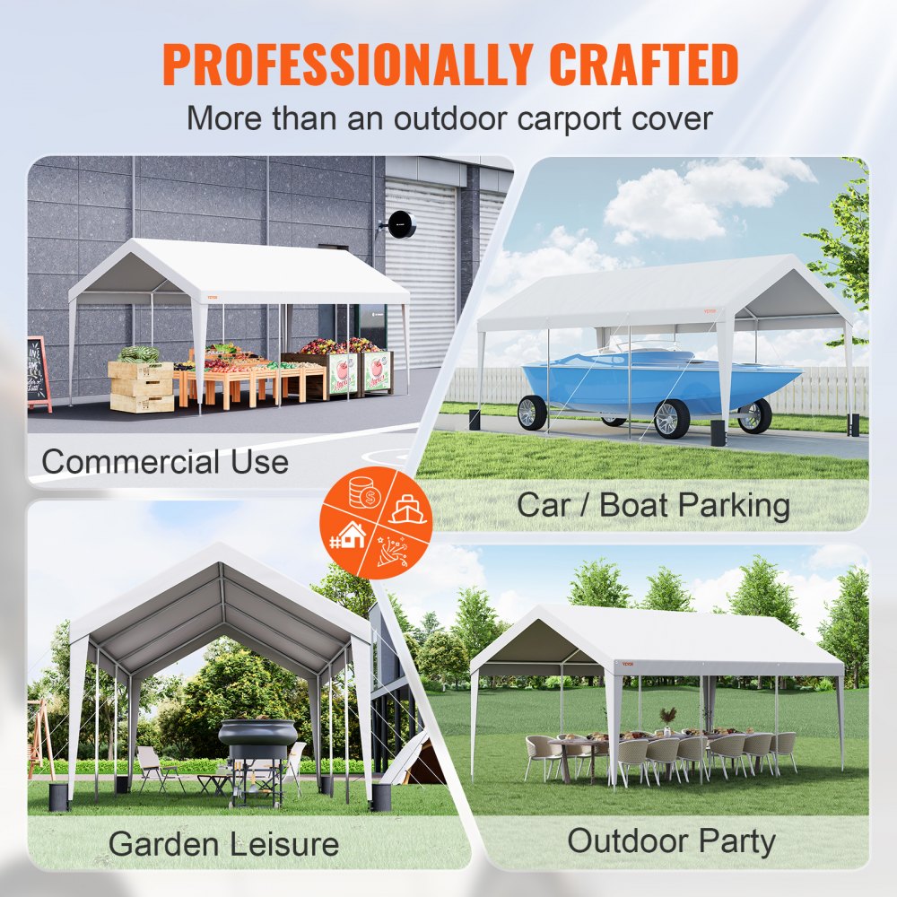 Carport, 10x20 ft Heavy Duty Car Canopy Garage Boat Shelter Party Tent with 8 Reinforced Poles and 4 Weight Bags, UV Resistant Waterproof All-Season Tarp for SUV, F150, Car, Truck, Boat