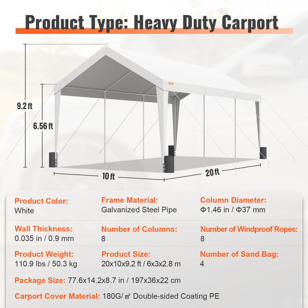 Carport, 10x20 ft Heavy Duty Car Canopy Garage Boat Shelter Party Tent with 8 Reinforced Poles and 4 Weight Bags, UV Resistant Waterproof All-Season Tarp for SUV, F150, Car, Truck, Boat