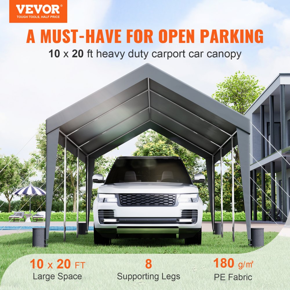 Carport, Heavy Duty 10 x 20ft Car Canopy, Outdoor Garage Shelter with 8 Reinforced Poles and 4 Weighted Bags, UV Resistant Waterproof Instant Car Garage Tent for Party Garden Boat, Darkgray