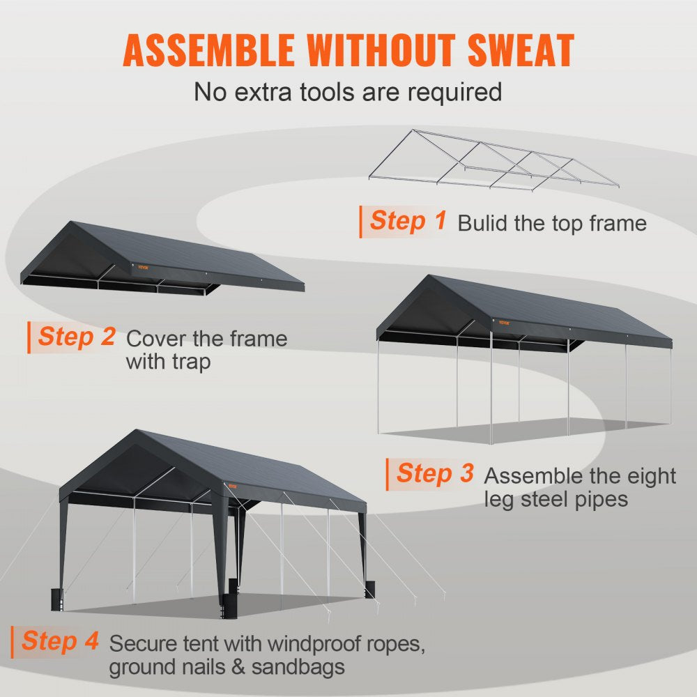Carport, Heavy Duty 10 x 20ft Car Canopy, Outdoor Garage Shelter with 8 Reinforced Poles and 4 Weighted Bags, UV Resistant Waterproof Instant Car Garage Tent for Party Garden Boat, Darkgray