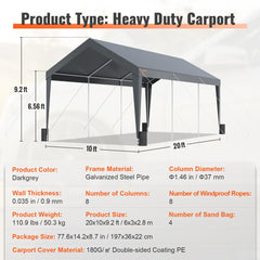 Carport, Heavy Duty 10 x 20ft Car Canopy, Outdoor Garage Shelter with 8 Reinforced Poles and 4 Weighted Bags, UV Resistant Waterproof Instant Car Garage Tent for Party Garden Boat, Darkgray