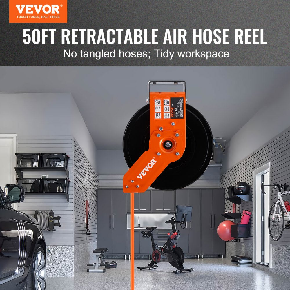 Orange 50ft retractable hybrid air hose reel mounted on a garage wall with 3/8-inch hose extended.