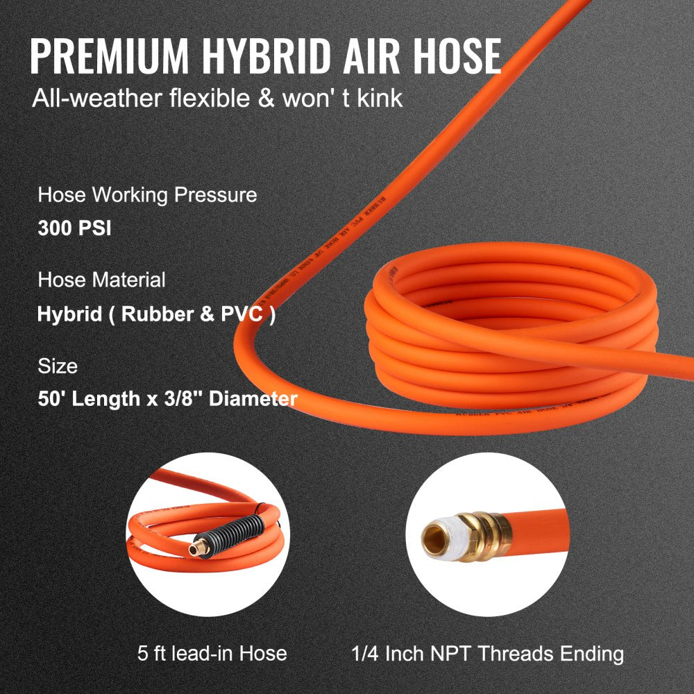 Orange 50-foot retractable hybrid air hose reel with 3/8-inch diameter, 300 PSI rating, and steel construction.