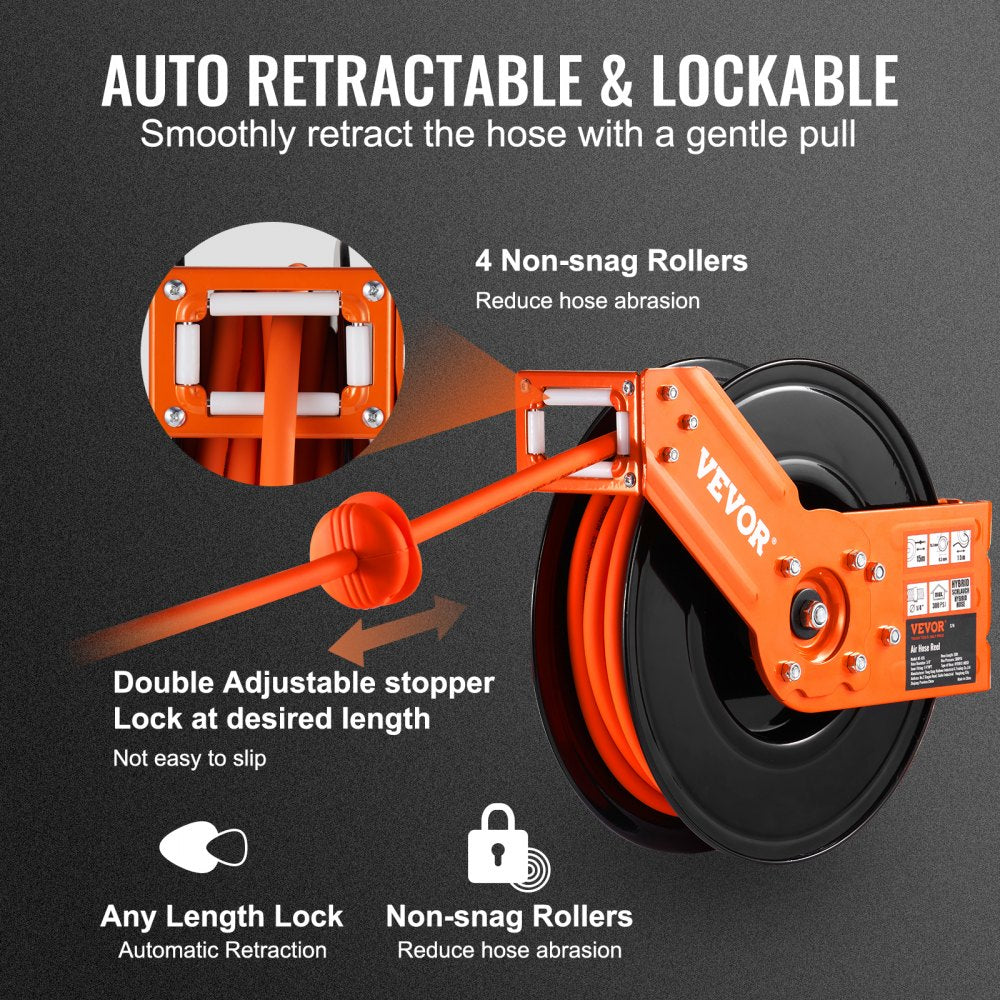Orange Bostome retractable air hose reel with 50ft 3/8-inch hybrid hose, auto-retract, lock, and 4 non-snag rollers.