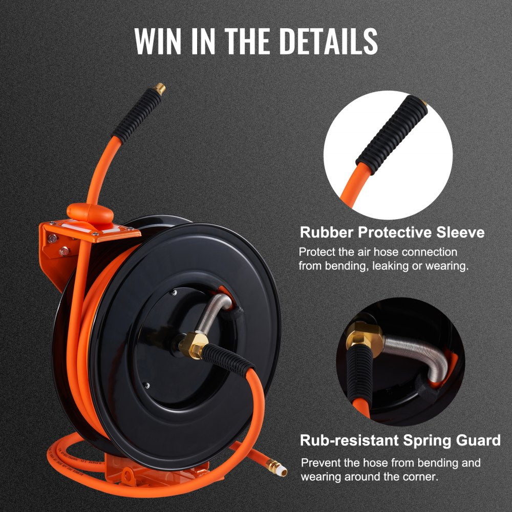 Orange 50ft retractable air hose reel with hybrid polymer hose, rubber sleeve, and spring guard on black bracket.