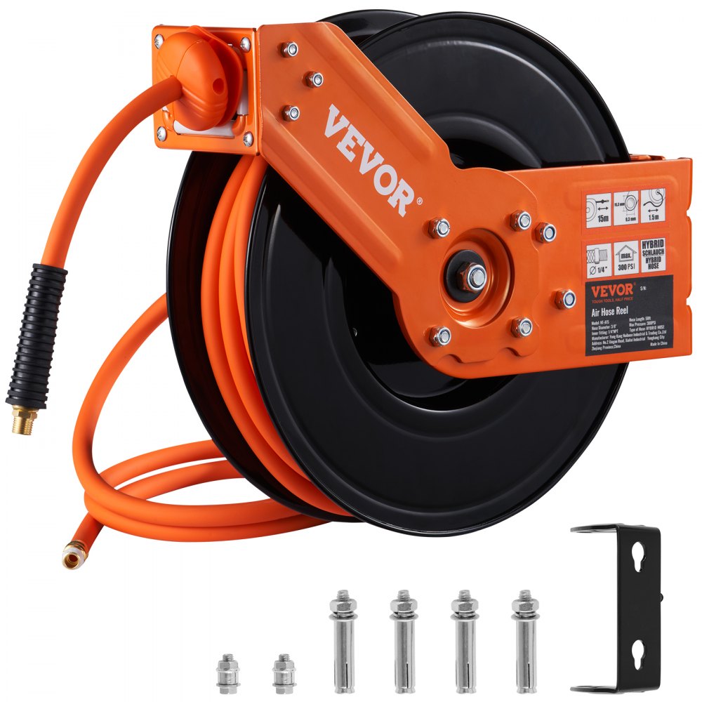 Wall-mounted VEVOR retractable orange air hose reel with black spool and mounting hardware.