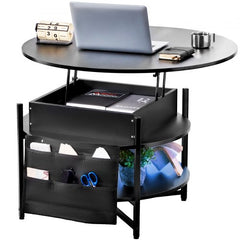 Lift Top Coffee Table 35.3" Round Coffee Table with Storage Drawers, Hidden Compartments and Open Shelf for Living Room, Home, Office, Black