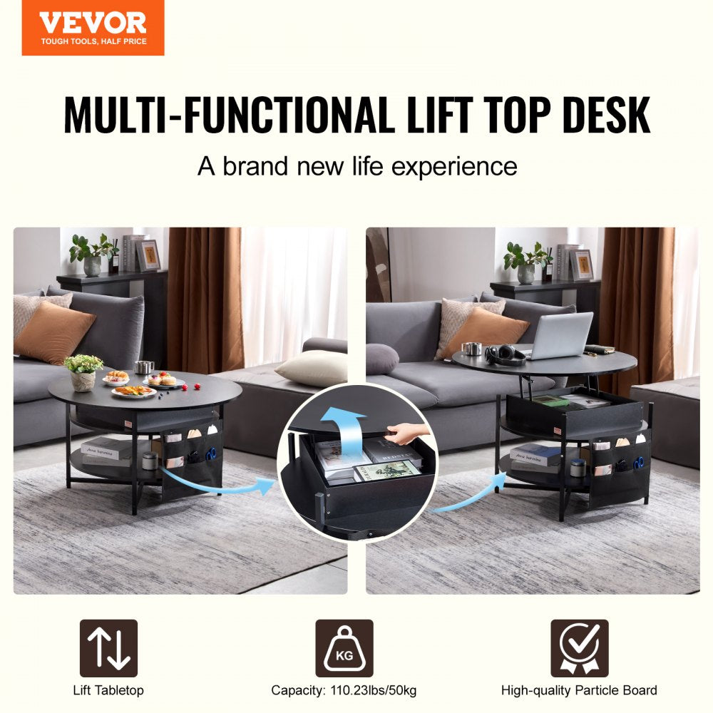 Lift Top Coffee Table 35.3" Round Coffee Table with Storage Drawers, Hidden Compartments and Open Shelf for Living Room, Home, Office, Black