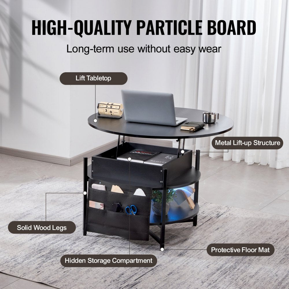 Lift Top Coffee Table 35.3" Round Coffee Table with Storage Drawers, Hidden Compartments and Open Shelf for Living Room, Home, Office, Black