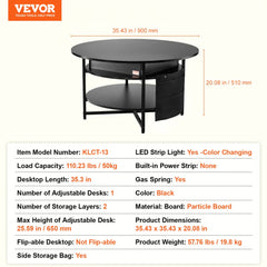 Lift Top Coffee Table 35.3" Round Coffee Table with Storage Drawers, Hidden Compartments and Open Shelf for Living Room, Home, Office, Black