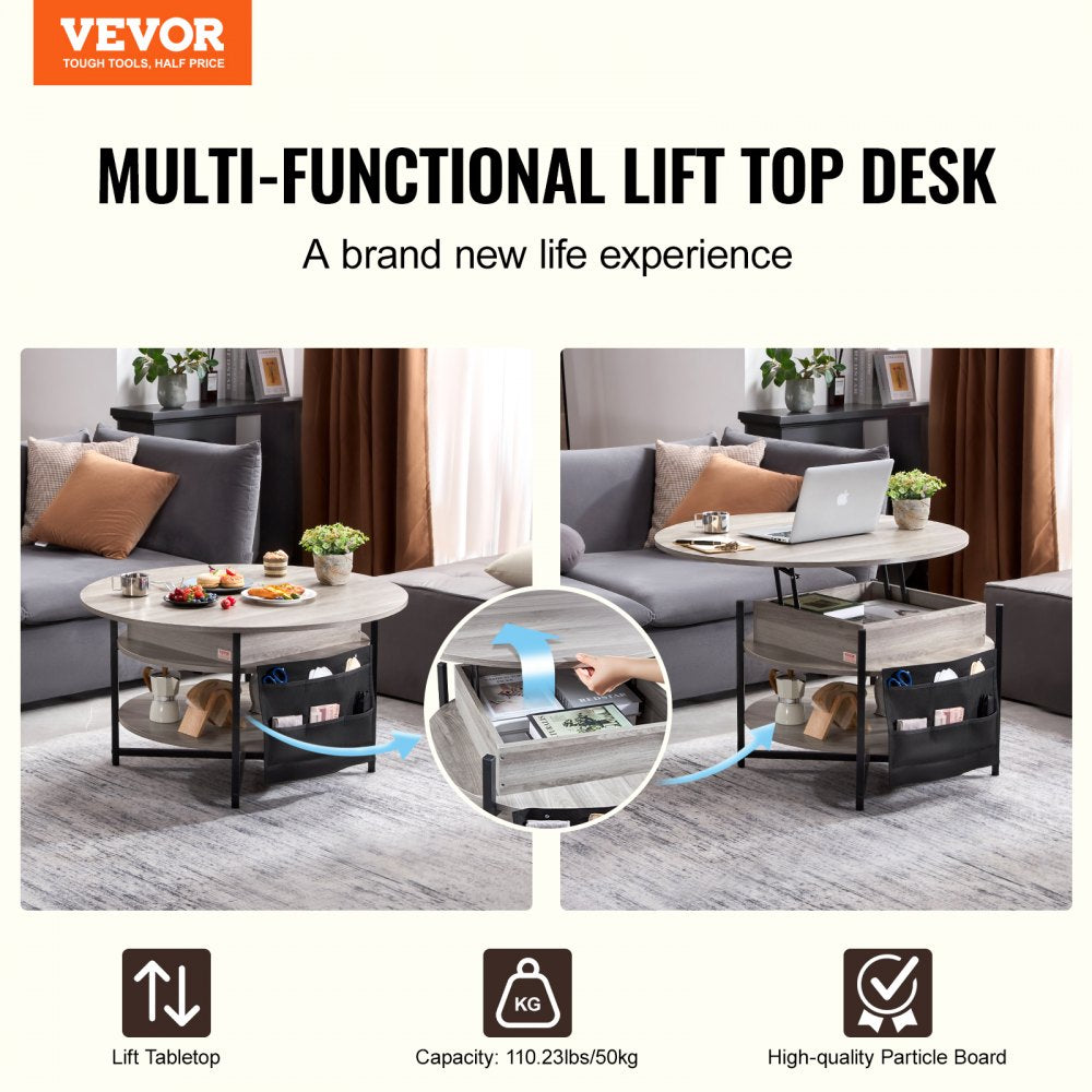 Lift Top Coffee Table 35.3" Round Coffee Table with Storage Drawers, Hidden Compartments and Open Shelf for Living Room, Home, Office, White