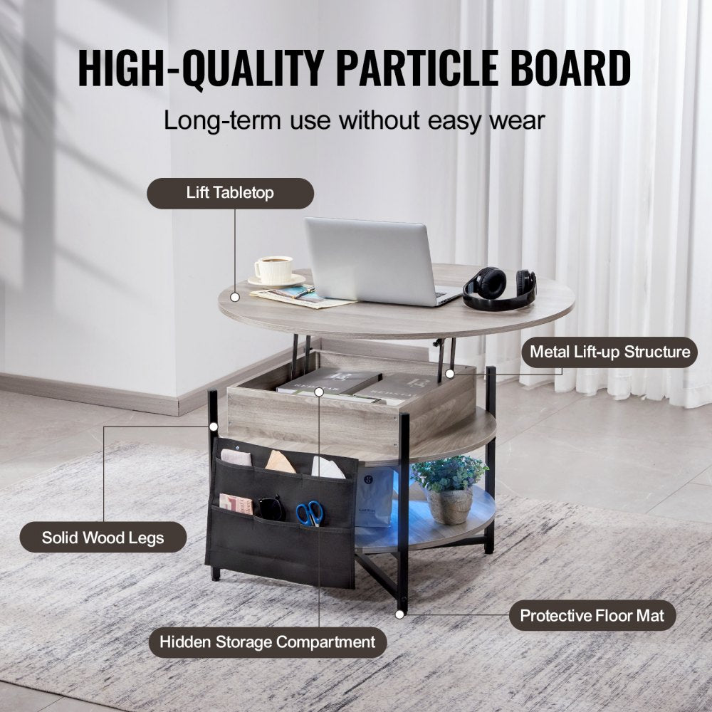 Lift Top Coffee Table 35.3" Round Coffee Table with Storage Drawers, Hidden Compartments and Open Shelf for Living Room, Home, Office, White