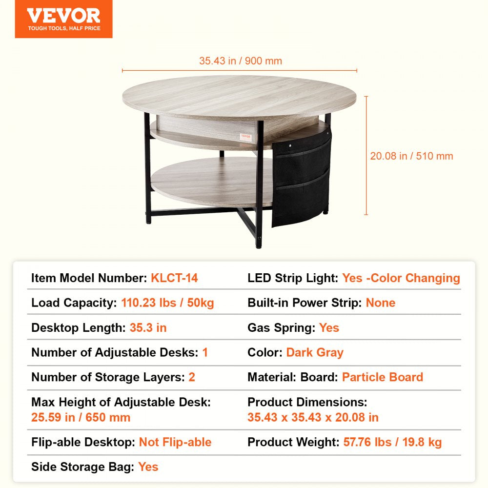 Lift Top Coffee Table 35.3" Round Coffee Table with Storage Drawers, Hidden Compartments and Open Shelf for Living Room, Home, Office, White