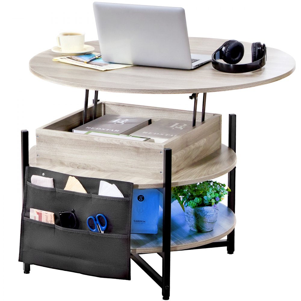 Lift Top Coffee Table 35.3" Round Coffee Table with Storage Drawers, Hidden Compartments and Open Shelf for Living Room, Home, Office, White