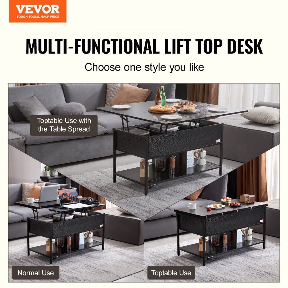 Lift Up Coffee Table, 39.4 in Rectangle Coffee Table with Storage Drawers, Coffee Table with Charging Station & USB & LED Light, Hidden Compartments and Open Shelf for Living Room, Home, Office, Black