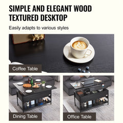 Lift Up Coffee Table, 39.4 in Rectangle Coffee Table with Storage Drawers, Coffee Table with Charging Station & USB & LED Light, Hidden Compartments and Open Shelf for Living Room, Home, Office, Black