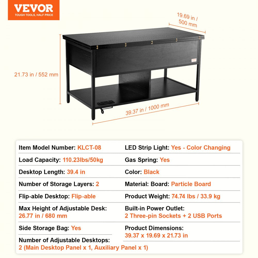 Lift Up Coffee Table, 39.4 in Rectangle Coffee Table with Storage Drawers, Coffee Table with Charging Station & USB & LED Light, Hidden Compartments and Open Shelf for Living Room, Home, Office, Black