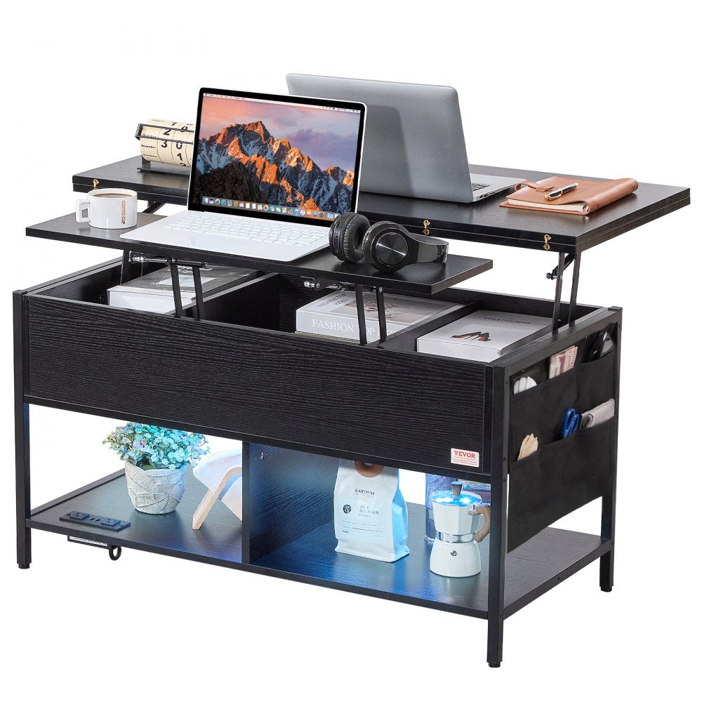 Lift Up Coffee Table, 39.4 in Rectangle Coffee Table with Storage Drawers, Coffee Table with Charging Station & USB & LED Light, Hidden Compartments and Open Shelf for Living Room, Home, Office, Black