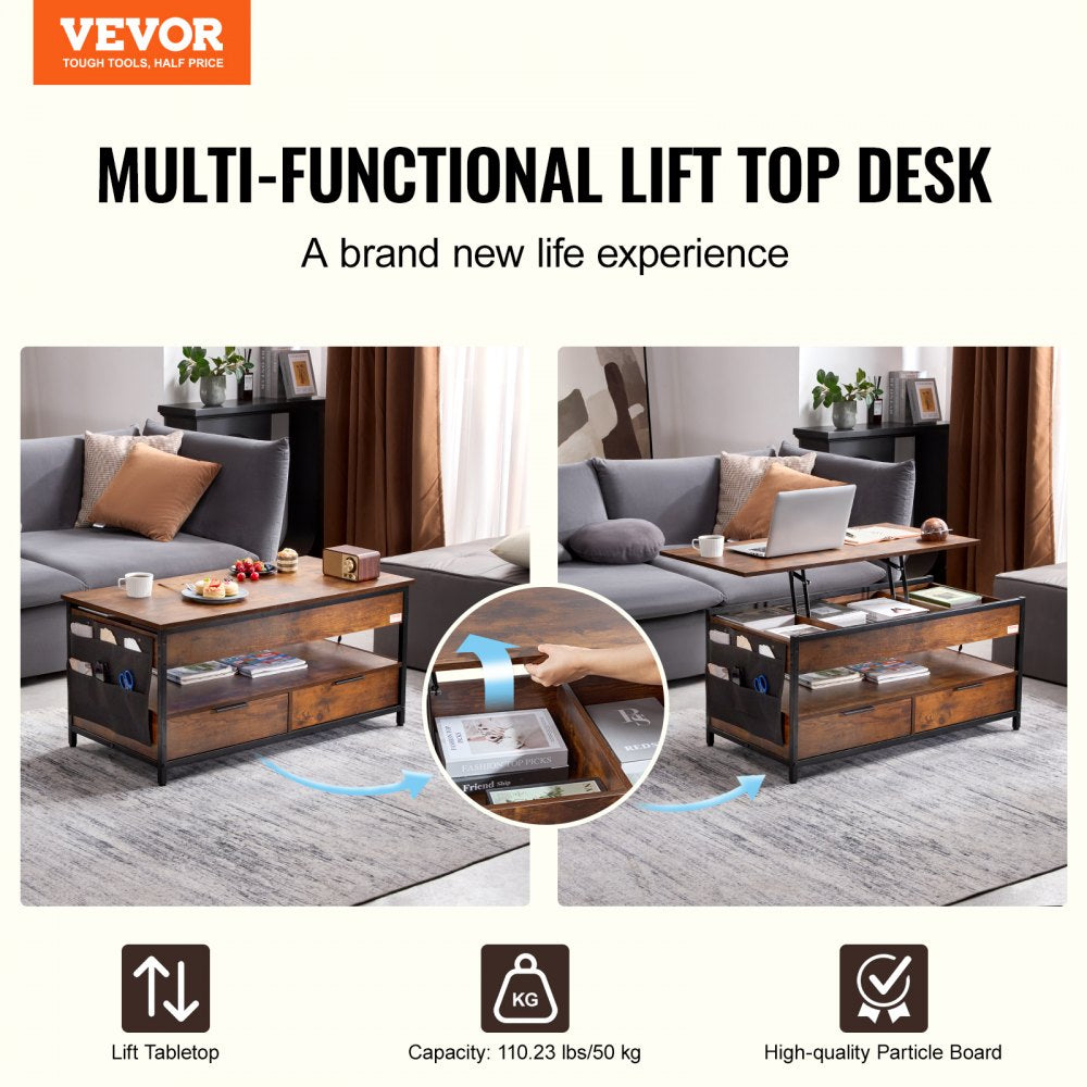 Lift Up Coffee Table, 39.4 in Rectangle Coffee Table with Storage Drawers, Coffee Table with Charging Station & USB & LED Light, Hidden Compartments and Open Shelf for Living Room, Home, Office, Brown