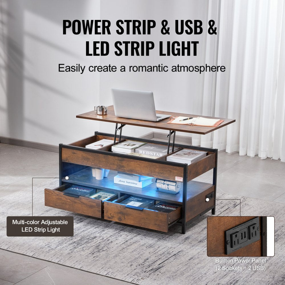 Lift Up Coffee Table, 39.4 in Rectangle Coffee Table with Storage Drawers, Coffee Table with Charging Station & USB & LED Light, Hidden Compartments and Open Shelf for Living Room, Home, Office, Brown