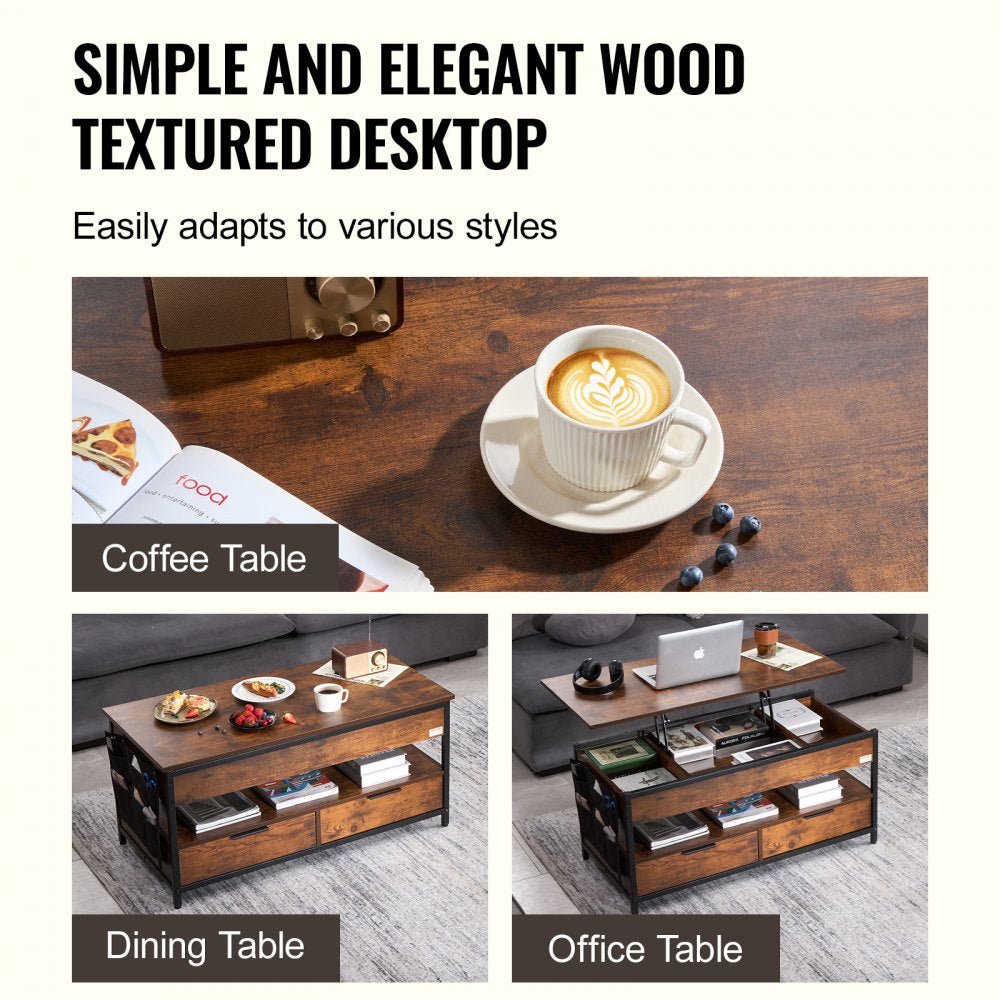 Lift Up Coffee Table, 39.4 in Rectangle Coffee Table with Storage Drawers, Coffee Table with Charging Station & USB & LED Light, Hidden Compartments and Open Shelf for Living Room, Home, Office, Brown