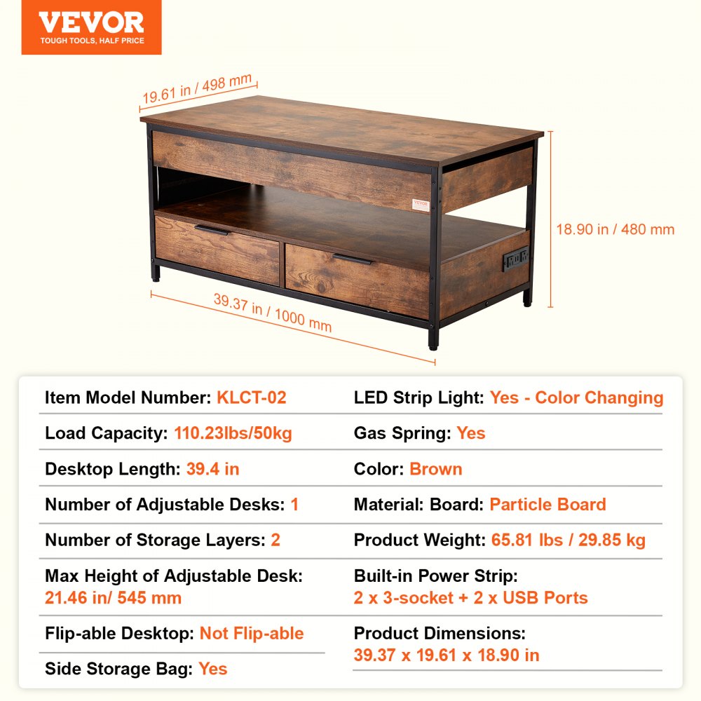 Lift Up Coffee Table, 39.4 in Rectangle Coffee Table with Storage Drawers, Coffee Table with Charging Station & USB & LED Light, Hidden Compartments and Open Shelf for Living Room, Home, Office, Brown