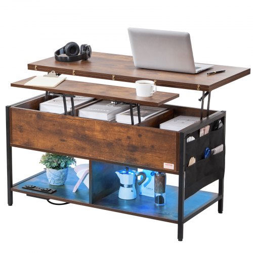 Coffee Table, Lift Top Coffee Table with Fabric Storage Bag, Small Coffee Table with Charging Station & USB & LED Light, 4-in-1 Coffee Tables for Living Room & Office, Brown