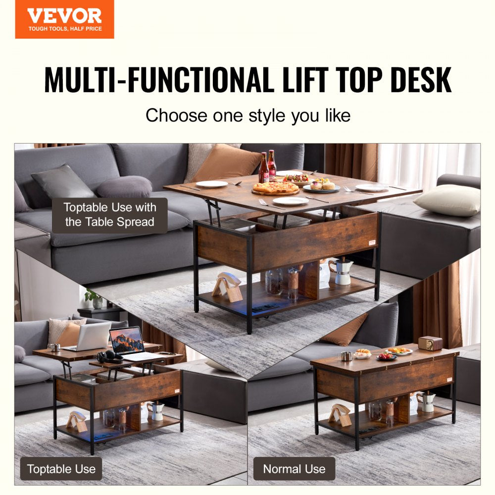 Coffee Table, Lift Top Coffee Table with Fabric Storage Bag, Small Coffee Table with Charging Station & USB & LED Light, 4-in-1 Coffee Tables for Living Room & Office, Brown
