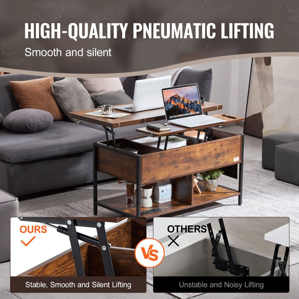 Coffee Table, Lift Top Coffee Table with Fabric Storage Bag, Small Coffee Table with Charging Station & USB & LED Light, 4-in-1 Coffee Tables for Living Room & Office, Brown