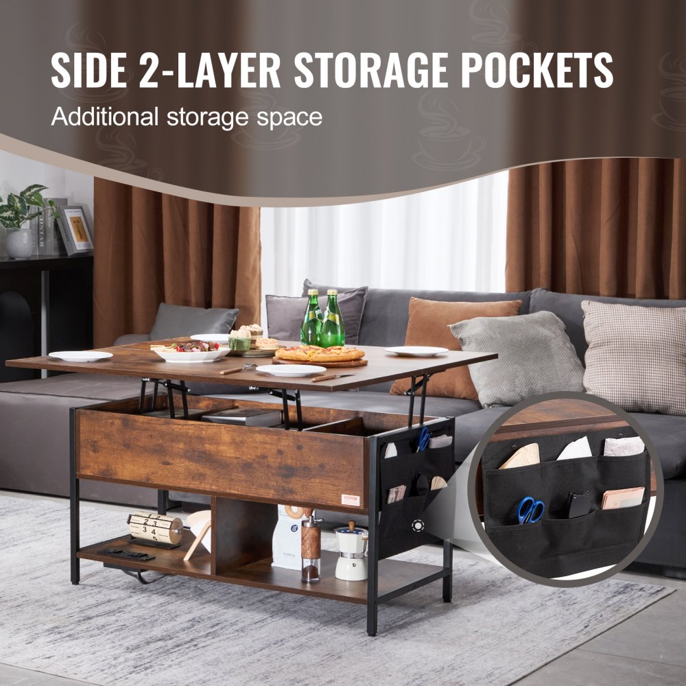 Coffee Table, Lift Top Coffee Table with Fabric Storage Bag, Small Coffee Table with Charging Station & USB & LED Light, 4-in-1 Coffee Tables for Living Room & Office, Brown