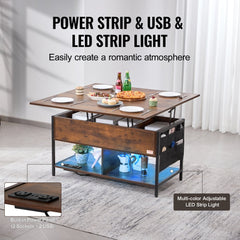 Coffee Table, Lift Top Coffee Table with Fabric Storage Bag, Small Coffee Table with Charging Station & USB & LED Light, 4-in-1 Coffee Tables for Living Room & Office, Brown
