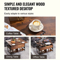 Coffee Table, Lift Top Coffee Table with Fabric Storage Bag, Small Coffee Table with Charging Station & USB & LED Light, 4-in-1 Coffee Tables for Living Room & Office, Brown