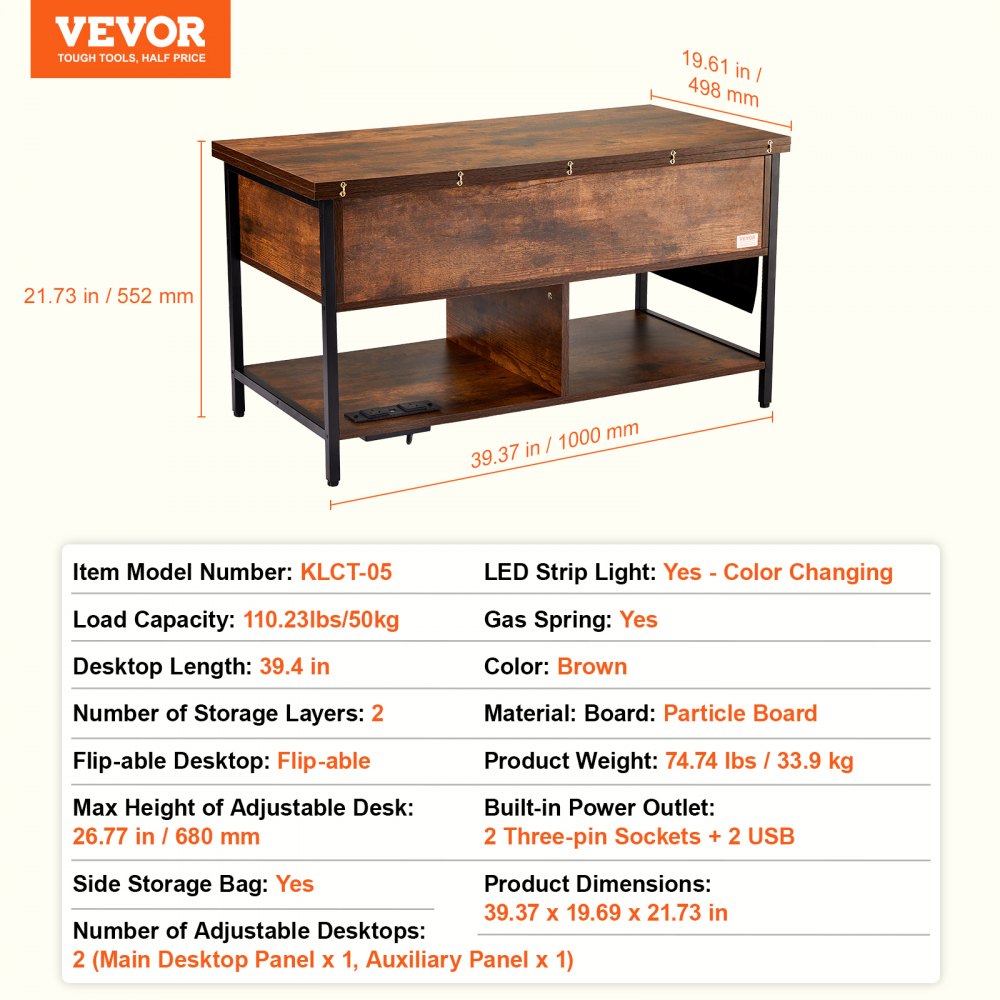 Coffee Table, Lift Top Coffee Table with Fabric Storage Bag, Small Coffee Table with Charging Station & USB & LED Light, 4-in-1 Coffee Tables for Living Room & Office, Brown