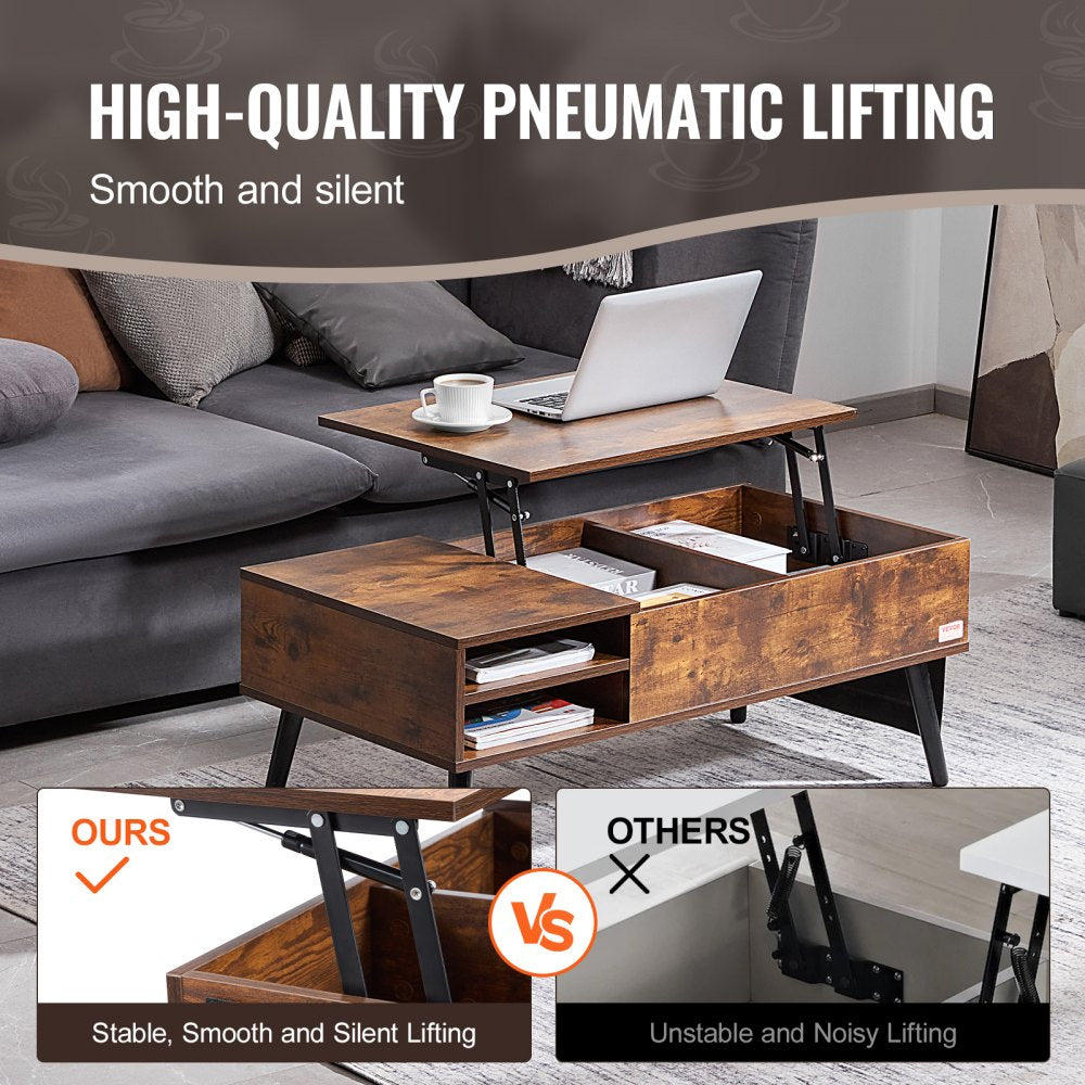Lift Up Coffee Table, 39.4 in Rectangle Coffee Table with Storage Drawers, Hidden Compartments and Open Shelf for Living Room, Home, Office, Brown