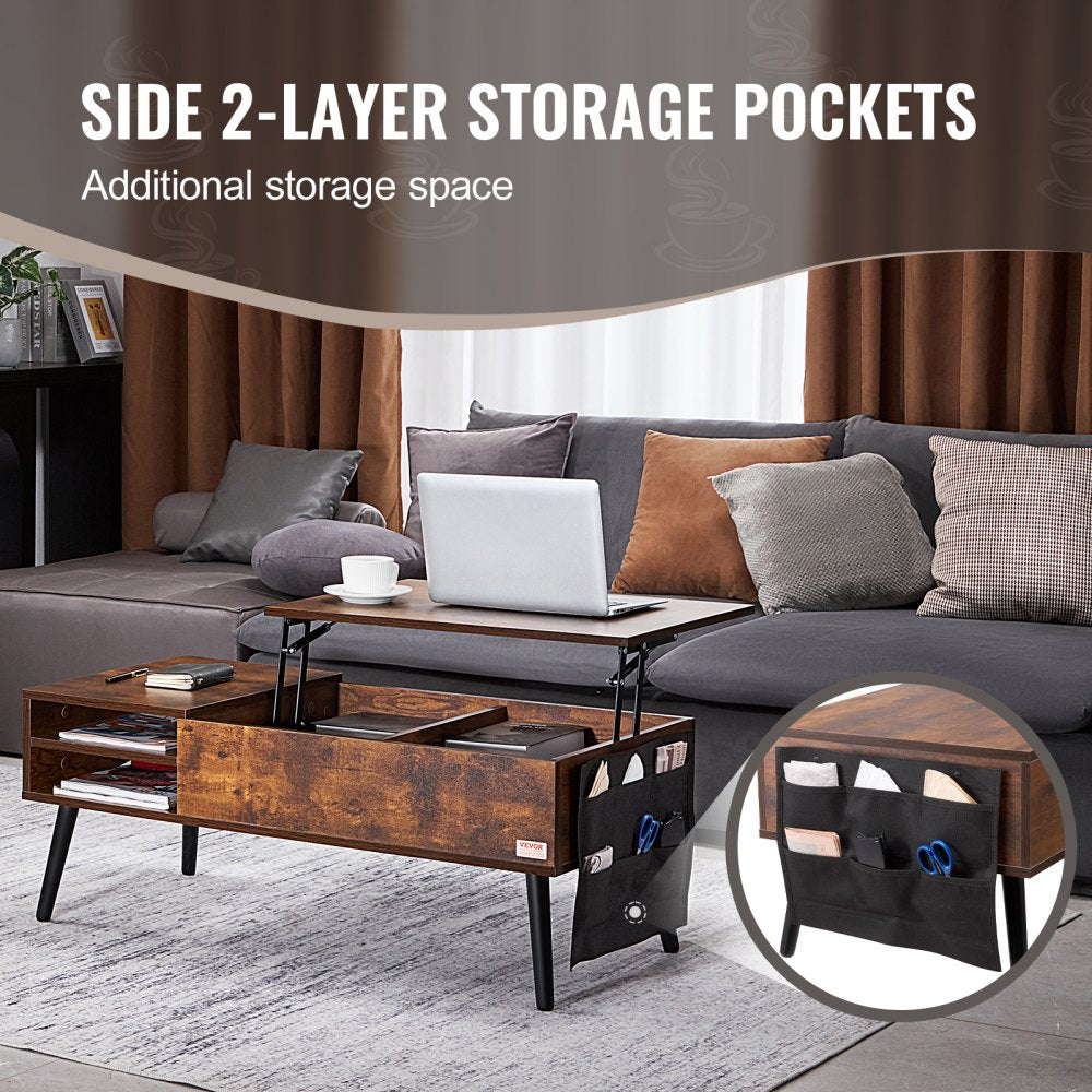 Lift Up Coffee Table, 39.4 in Rectangle Coffee Table with Storage Drawers, Hidden Compartments and Open Shelf for Living Room, Home, Office, Brown