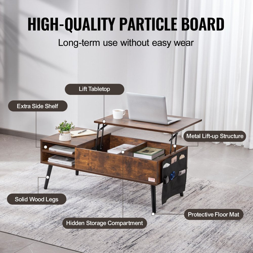 Lift Up Coffee Table, 39.4 in Rectangle Coffee Table with Storage Drawers, Hidden Compartments and Open Shelf for Living Room, Home, Office, Brown
