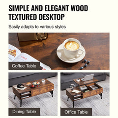 Lift Up Coffee Table, 39.4 in Rectangle Coffee Table with Storage Drawers, Hidden Compartments and Open Shelf for Living Room, Home, Office, Brown
