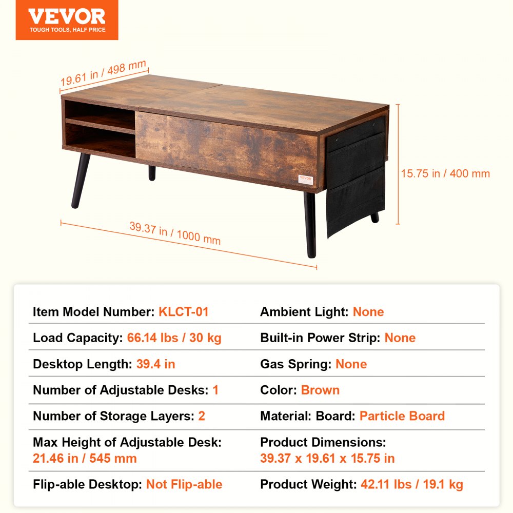 Lift Up Coffee Table, 39.4 in Rectangle Coffee Table with Storage Drawers, Hidden Compartments and Open Shelf for Living Room, Home, Office, Brown