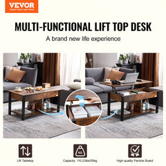 Lift Up Coffee Table, 41.7 in Rectangle Coffee Table with Storage Drawers, Hidden Compartments and Open Shelf for Living Room, Home, Office, Brown