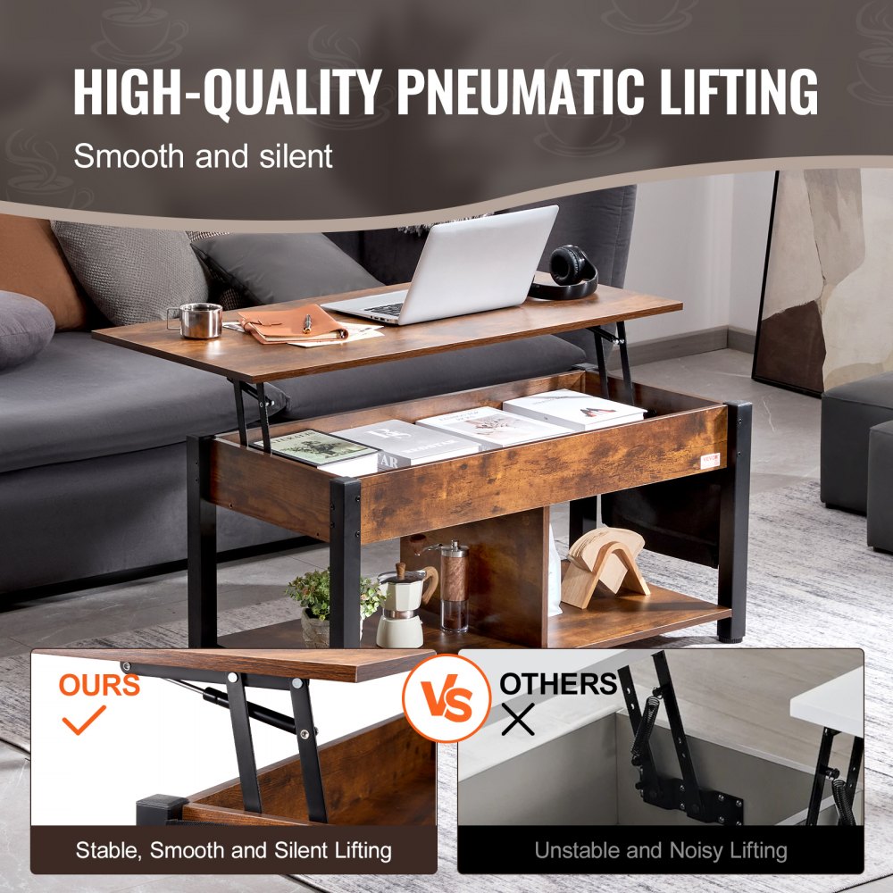 Lift Up Coffee Table, 41.7 in Rectangle Coffee Table with Storage Drawers, Hidden Compartments and Open Shelf for Living Room, Home, Office, Brown