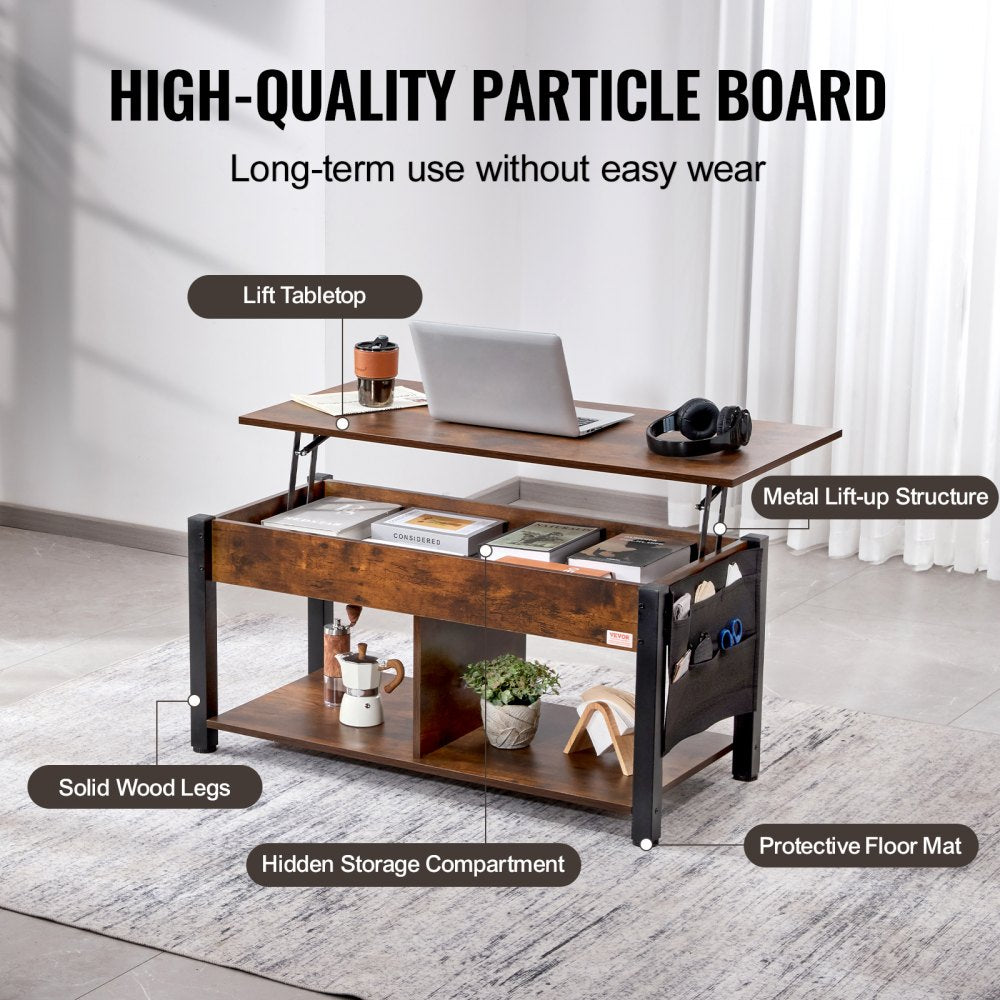 Lift Up Coffee Table, 41.7 in Rectangle Coffee Table with Storage Drawers, Hidden Compartments and Open Shelf for Living Room, Home, Office, Brown
