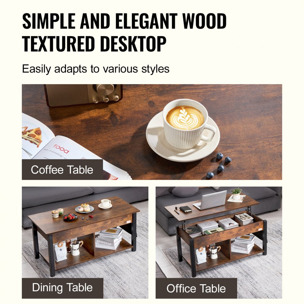 Lift Up Coffee Table, 41.7 in Rectangle Coffee Table with Storage Drawers, Hidden Compartments and Open Shelf for Living Room, Home, Office, Brown