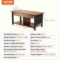 Lift Up Coffee Table, 41.7 in Rectangle Coffee Table with Storage Drawers, Hidden Compartments and Open Shelf for Living Room, Home, Office, Brown