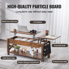 Lift Up Coffee Table, 47.5 in Rectangle Coffee Table with Storage Drawers, Hidden Compartments and Open Shelf for Living Room, Home, Office, Brown