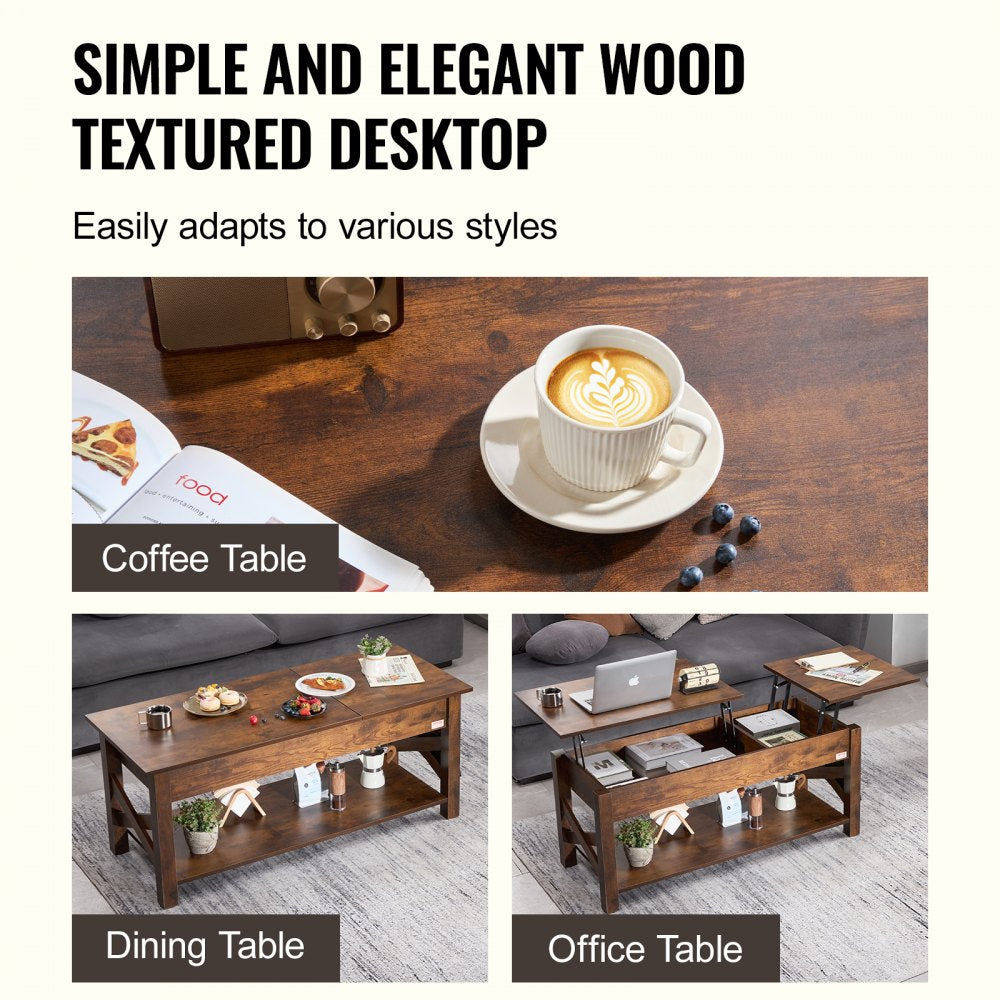 Lift Up Coffee Table, 47.5 in Rectangle Coffee Table with Storage Drawers, Hidden Compartments and Open Shelf for Living Room, Home, Office, Brown