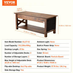 Lift Up Coffee Table, 47.5 in Rectangle Coffee Table with Storage Drawers, Hidden Compartments and Open Shelf for Living Room, Home, Office, Brown
