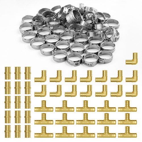 Pack of 12 brass 3/4-inch clamp-style NPT pipe fittings in elbows, tees, and straight types.
