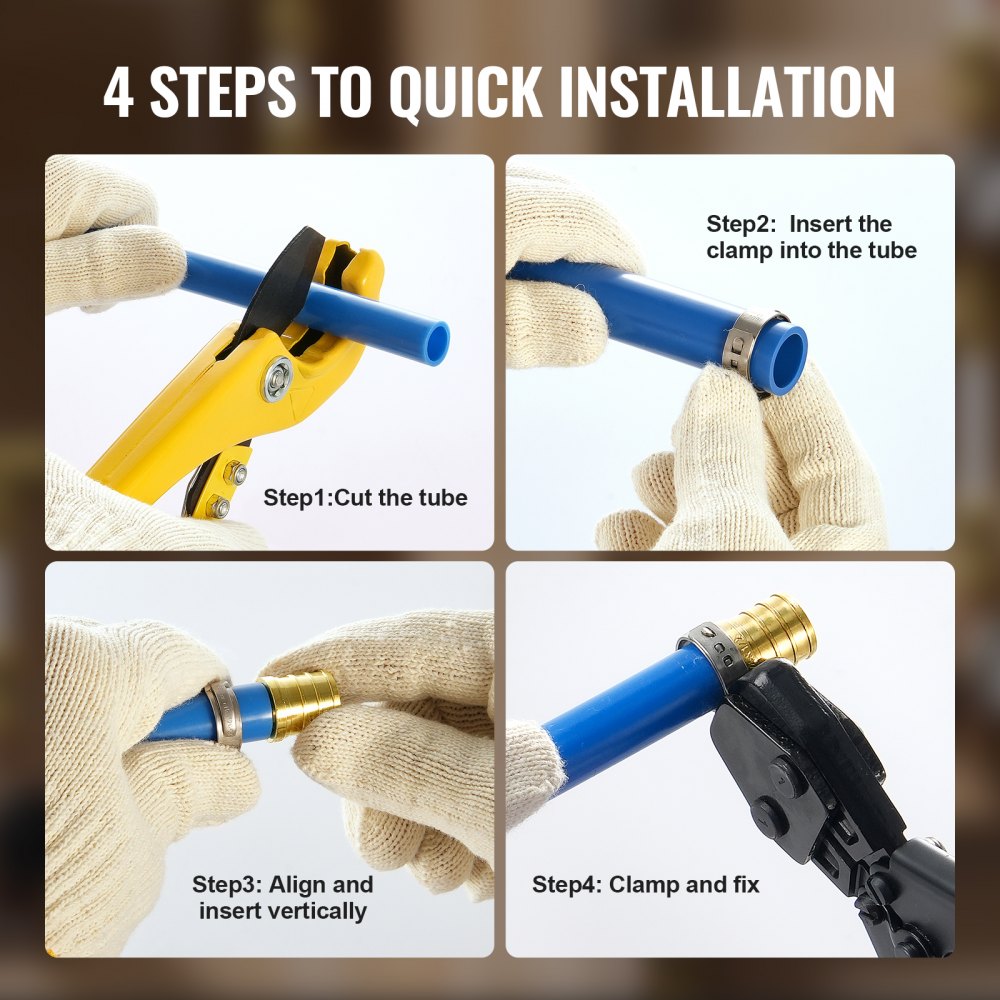 Four-step diagram showing quick installation of brass clamp-style pipe fittings on blue tubes.