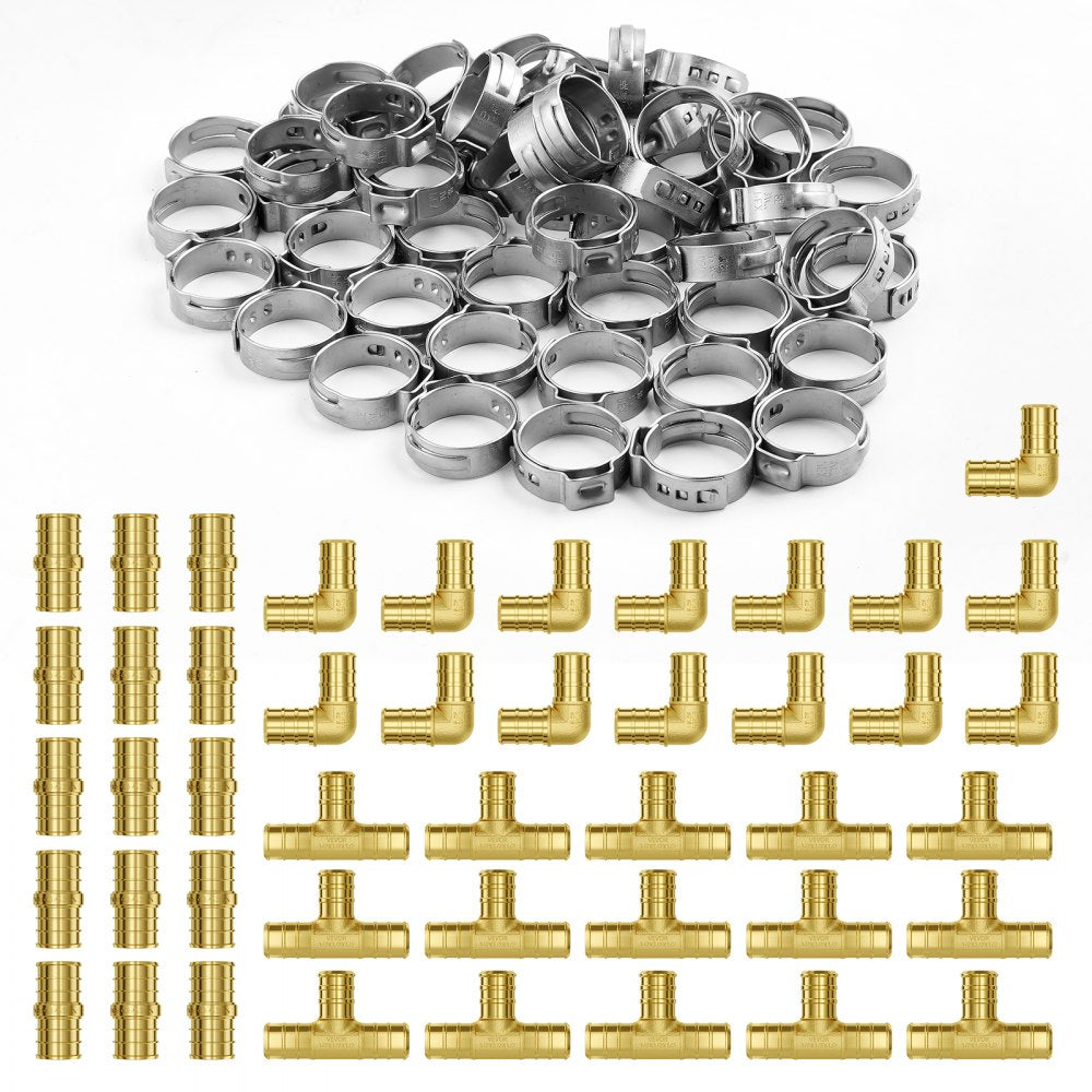 Pack of 12 brass 3/4-inch clamp-style NPT pipe fittings including elbows and tees.
